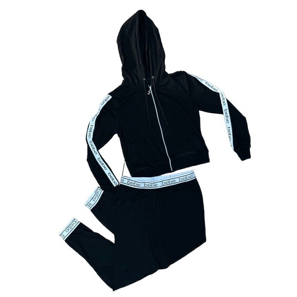 Bebe 2-Piece Hoodie & Jogger Set | Black with White "Bebe" Stripe | Women’s Med - Picture 1 of 10